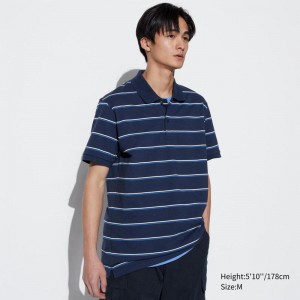 Uniqlo DRY Piqué (Stripe) Men T-Shirt Navy US | NELG-10274