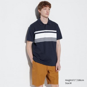 Uniqlo DRY Piqué (Stripe) Men T-Shirt Navy US | YKIP-76215