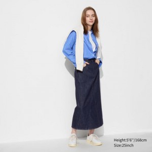 Uniqlo Denim Panel Long Women Skirts Navy US | PZWO-73269