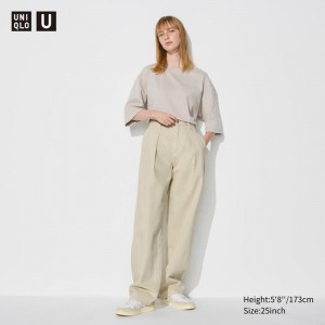 Uniqlo Denim Pleated (Long) Women Trousers Beige US | JCTG-57462