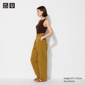 Uniqlo Denim Pleated (Long) Women Trousers Mustard US | GKBM-49310