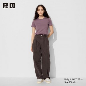 Uniqlo Denim Pleated Women Trousers Brown US | MHPJ-93607