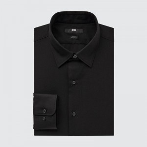 Uniqlo Easy Care Broadcloth Stretch Slim Fit (Regular Collar) Men Shirts Black US | OHFX-56321