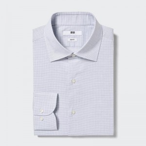 Uniqlo Easy Care Stretch Slim Fit (Check, Semi-Cutaway Collar) Men Shirts Blue US | UVYB-27843