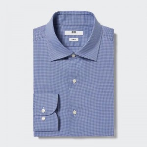 Uniqlo Easy Care Stretch Slim Fit (Stripe, Regular Collar) Men Shirts Blue US | KGCO-91408