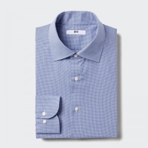 Uniqlo Fine Cloth Easy Care Regular Fit (Semi-Cutaway Collar, Check) Men Shirts Blue US | CMXQ-74029