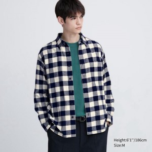 Uniqlo Flannel Regular Fit (Check, Regular Collar) Men Shirts Off White US | LDJB-04253