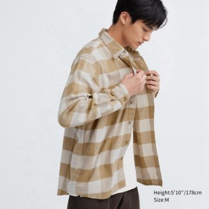 Uniqlo Flannel Regular Fit (Check, Regular Collar) Men Shirts Beige US | LPCU-83476