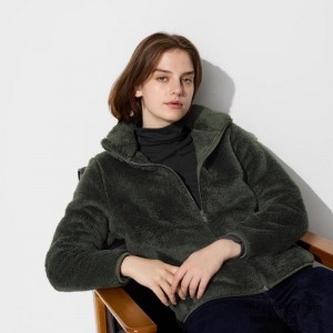 Uniqlo Fluffy Fleece Full-Zip Women Jackets Dark Green US | KBNM-36214