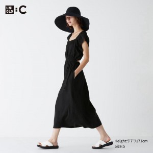 Uniqlo Gathered Open Back (Short Sleeve) Women Dress Black US | QTCD-48021