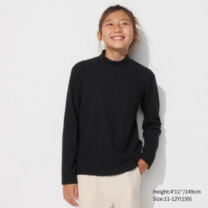 Uniqlo Girls HEATTECH Ribbed High Neck Kids' T-Shirt Black US | UECZ-52497