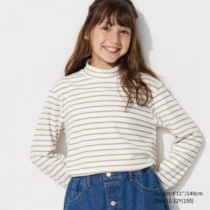 Uniqlo Girls HEATTECH Ribbed High Neck (Stripe) Kids' T-Shirt Off White US | UJDY-57918