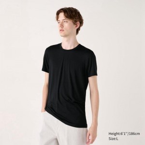 Uniqlo HEATTECH Crew Neck Men T-Shirt Black US | QMJS-35847