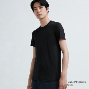 Uniqlo HEATTECH Crew Neck Men T-Shirt Black US | YCOD-64123