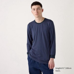 Uniqlo HEATTECH Crew Neck (Stripe) Men T-Shirt Blue US | MKDG-24918