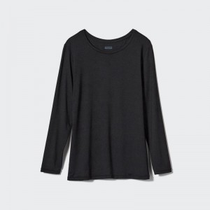 Uniqlo HEATTECH Crew Neck Women T-Shirts Black US | EYTV-81365