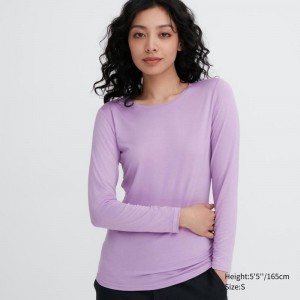 Uniqlo HEATTECH Crew Neck Women T-Shirts Purple US | FDOU-29645