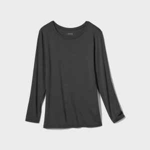 Uniqlo HEATTECH Crew Neck Women T-Shirts Dark Grey US | GQOJ-68194