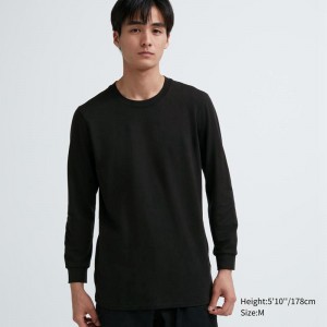 Uniqlo HEATTECH Extra Warm Cotton Crew Neck Men T-Shirt Black US | GAFP-62378