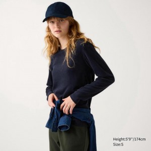 Uniqlo HEATTECH Fleece Crew Neck Women T-Shirts Navy US | XTUS-47863