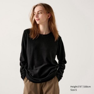 Uniqlo HEATTECH Fleece Crew Neck Women T-Shirts Black US | EOYQ-23819