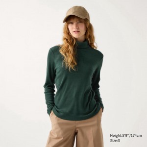 Uniqlo HEATTECH Fleece Women T-Shirts Dark Green US | IJUT-73102