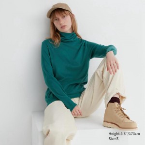 Uniqlo HEATTECH Fleece Women Turtleneck Tops Green US | EZPH-23197