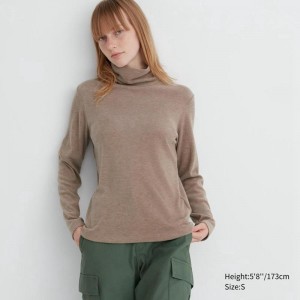 Uniqlo HEATTECH Fleece Women Turtleneck Tops Beige US | ILUW-20146