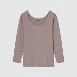 Uniqlo HEATTECH Scoop Neck Women T-Shirts Beige US | PBZD-80752