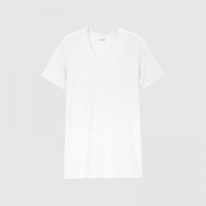 Uniqlo HEATTECH V Neck Men T-Shirt White US | GQYA-30291