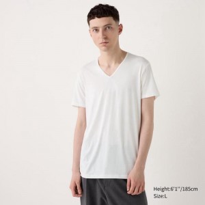 Uniqlo HEATTECH V Neck (Short Sleeve) Men T-Shirt White US | MBLY-49582