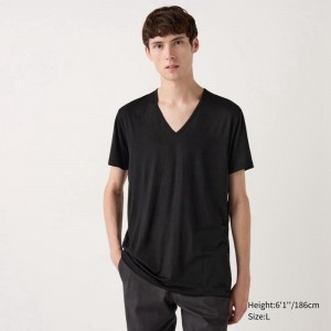 Uniqlo HEATTECH V Neck (Short Sleeve) Men T-Shirt Black US | YCDB-80564