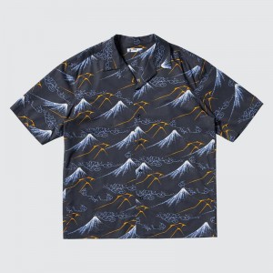 Uniqlo HOKUSAI BLUE Short Sleeved (Open Collar) Men Shirts Navy US | LQSU-51298