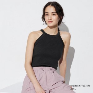 Uniqlo Halter Neck Ribbed Cropped Women Tank Tops Black US | GXZM-37684