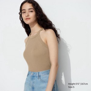 Uniqlo Halter Neck Ribbed Cropped Women Tank Tops Beige US | FDZL-74351