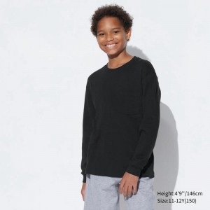 Uniqlo Kids Soft Brushed Cotton Crew Neck Long Sleeved Kids' T-Shirt Black US | GDVW-58962