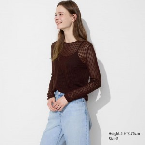 Uniqlo Lace Crew Neck Women Jumper Dark Brown US | MQBZ-09683