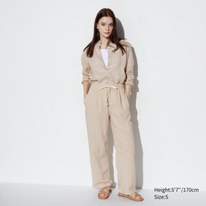 Uniqlo Linen Blend Easy Women Trousers Beige US | PYCW-64912