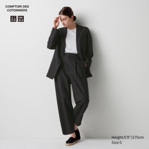 Uniqlo Linen Blend Pleated Tapered (Long) Women Trousers Black US | OLGQ-32581