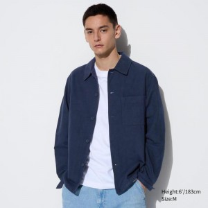 Uniqlo Linen Blend Relaxed Men Overshirts Navy US | YQFJ-97583