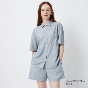 Uniqlo Linen Blend (Short Sleeve) Women Pyjamas Blue US | FBDX-19308