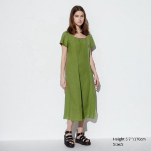 Uniqlo Linen Blend Square Neck (Short Sleeve) Women Dress Green US | JYUD-13859