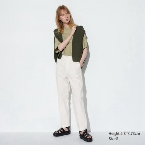 Uniqlo Linen Cotton Blend Tapered (Long) Women Trousers Off White US | QBIT-78043