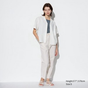 Uniqlo Linen Cotton Blend Tapered (Stripe) Women Trousers Off White US | RKQE-27350