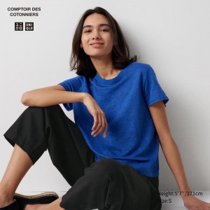 Uniqlo Linen Crew Neck Women T-Shirts Blue US | STEM-79658