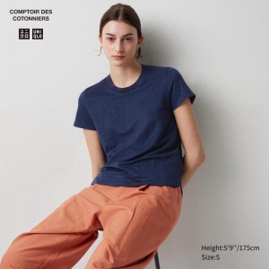 Uniqlo Linen Crew Neck Women T-Shirts Navy US | BEGF-06954