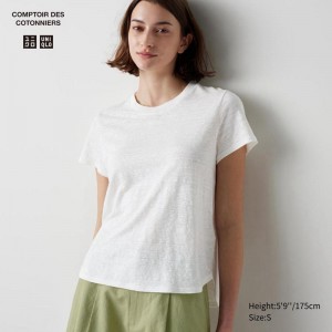 Uniqlo Linen Crew Neck Women T-Shirts Off White US | KAMV-52816