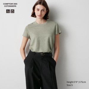 Uniqlo Linen Crew Neck Women T-Shirts Olive US | XCDQ-96150