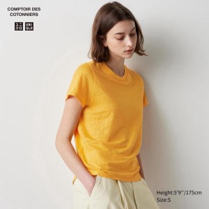 Uniqlo Linen Crew Neck Women T-Shirts Orange US | BCNW-38410