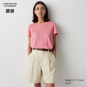 Uniqlo Linen Crew Neck Women T-Shirts Pink US | GPWN-79053